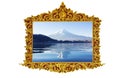 Fuji mt. in old antique gold frame Stucco walls greek culture roman vintage style pattern line design for border isolated on white Royalty Free Stock Photo