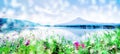 Fuji san Mountain with blue sky and white snowfall background in winter at lake Royalty Free Stock Photo