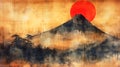 Fuji sunset and japanese style background with old paper texture. Royalty Free Stock Photo