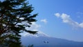 Fuji view from the top of the mountain TenjoYama. Landscape beautiful Mount Fuji. Flying small retro vintage airplane