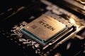 Fujiang, China - February 17, 2020: Close-up of AMD Ryzen 3000 Series CPU on motherboard. It is a high-performance microprocessor Royalty Free Stock Photo