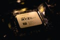 Fujiang, China - February 17, 2020: Close-up of AMD Ryzen 3000 Series CPU on motherboard. It is a high-performance microprocessor