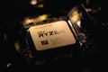 Fujiang, China - February 17, 2020: Close-up of AMD Ryzen 3000 Series CPU on motherboard. It is a high-performance microprocessor Royalty Free Stock Photo
