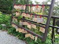 FUJIKAWAGUCHIKO, JAPAN - SEPTEMBER 26, 2017 : Wooden votive tablets or ema on Mt. Kachi kachi or kawaguchiko ropeway