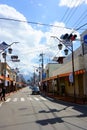 Fujikawaguchiko-machi, Honcho street. The road to Mount Fuji. Fujiyama in the background Royalty Free Stock Photo