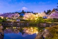 Fujinomiya, Shizuoka, Japan with Mt. Fuji and temples in spring season