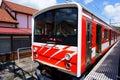 Fujisan view train at the station. Fujikyu railway - the railway closest to Mt. Fuji