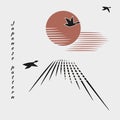 Fujiyama mountain, clouds in sky on white background with black birds. Ducks, geese fly into bright sun. Minimalistic pattern