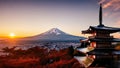 Fujiyoshida, Japan Beautiful view of mountain Fuji and Chureito pagoda at sunset