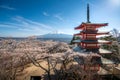Fujiyoshida, Japan at Chureito Pagoda and Mt. Fuji in the spring with cherry blossoms full bloom during sunrise. Japan Landscape Royalty Free Stock Photo