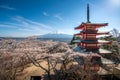 Fujiyoshida, Japan at Chureito Pagoda and Mt. Fuji in the spring with cherry blossoms full bloom during sunrise. Japan Landscape