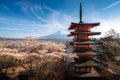 Fujiyoshida, Japan at Chureito Pagoda and Mt. Fuji in the spring with cherry blossoms full bloom during sunrise. Japan Landscape Royalty Free Stock Photo