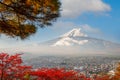 Fujiyoshida, Japan with fall foliage surrounding Mt. Fuji Royalty Free Stock Photo