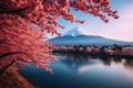 Fujiyoshida, Japan\'s picturesque iconic Mount Fuji, framed by cherry trees, Sakura. AI generated image.