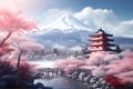 Fujiyoshida, Japan\'s picturesque landscape iconic Mount Fuji, colorful cherry trees, Sakura season, AI generated image.