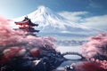Fujiyoshida, Japan\'s picturesque landscape iconic Mount Fuji, colorful cherry trees, Sakura season, AI generated image.