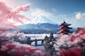 Fujiyoshida, Japan\'s picturesque iconic Mount Fuji, framed by cherry trees, Sakura. AI generated image.