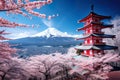 Fujiyoshida, Japan\'s picturesque iconic Mount Fuji, framed by cherry trees, Sakura. AI generated image.