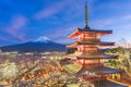 Fujiyoshida, Japan view of Mt. Fuji and pagoda in spring season with cherry blossoms Royalty Free Stock Photo