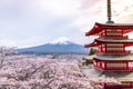 Fujiyoshida landmark of Japan Chureito red Pagoda on Fuji mountain background, clear sky almost in sunset light red Pagoda with pi Royalty Free Stock Photo