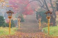 Fujiyoshida, Yamanashi, Japan - November 17, 2016- Autumn scene at entrance to Arakura Sengen Shrine, the path leading to the Royalty Free Stock Photo