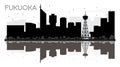 Fukuoka City skyline black and white silhouette with reflections