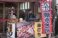 Fukuoka Japan - January 17 2020: A Yakitori Japanese cuisine stall seller are smilling