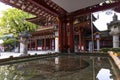 Fukuoka,Japan - May 4 2019 : Tourists and local people visits Dazaifu Tenmangu Shrine, reflex in water in Dazaifu city, Fukuoka,