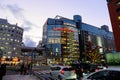 Fukuoka, Japan - November 19, 2019 : Many department stores are seen from the other side of street in Tenjin area