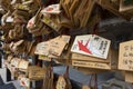 Fukuoka - Japan, October 19,2018: Ema, small wooden plaques with wishes and prayers at the Kushida jinja shrine in Fukuoka