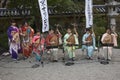 Ladies band in kimono playing the biwa musical instrument for the Hakata Tomyo Watching