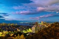 A sunset with a view of central Fukuoka, Japan, with tall modern buildings Royalty Free Stock Photo