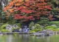 Autumn landscape with maple trees overlooking the Sandan-Ochi-no-Taki Waterfall of Japanese Ohori garden.