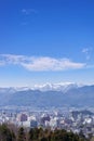 Fukushima city cityscape view from Hanamiyama park, in Fukushima, Tohoku area, Japan. The park is very famous Sakura view spot