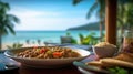 Ful Medames On A Wooden Table Backdrop Of The Bergue Thailand Cafe. Generative AI