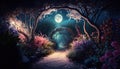 ful moon in Forest AI Generated Dream of Novel Forest Path in a Fairy Kingdom with Floral Fireflies Glow - A Breathtaking