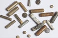 The fulfilled batteries of the different size covered with corrosion. Recycling. Royalty Free Stock Photo