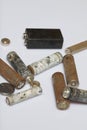 The fulfilled batteries of the different size covered with corrosion. Recycling. Royalty Free Stock Photo