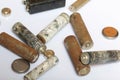 The fulfilled batteries of the different size covered with corrosion. Recycling. Royalty Free Stock Photo