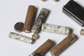 The fulfilled batteries of the different size covered with corrosion. Recycling. Royalty Free Stock Photo
