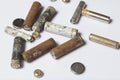 The fulfilled batteries of the different size covered with corrosion. Recycling. Royalty Free Stock Photo