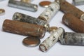 The fulfilled batteries of the different size covered with corrosion. Recycling. Royalty Free Stock Photo