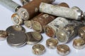 The fulfilled batteries of the different size covered with corrosion. Recycling. Royalty Free Stock Photo