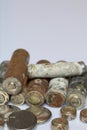 The fulfilled batteries of the different size covered with corrosion. Recycling. Royalty Free Stock Photo