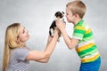 A mother present her son a puppy. A family for a homeless dog. The fulfillment of a child`s dream.