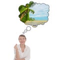 Fulfillment of desires at the click of figers. Young women dreams about tropical vacation. Touristic speech bubble. Royalty Free Stock Photo