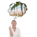 Fulfillment of desires at the click of figers. Young women dreams about tropical vacation. Touristic speech bubble. Royalty Free Stock Photo