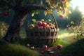 full apple basket in orchard . Ai Generative