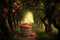 full apple basket in orchard . Ai Generative