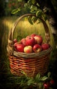 full apple basket in orchard . Ai Generative